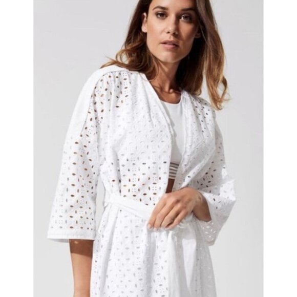 Carbon 38 Eyelet Kimono Robe Women M/L White Swim Cover Beach Coastal Waist Tie - Picture 7 of 7